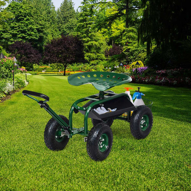 Rolling seat with wheels &amp; Extendable handle &amp; Basket 360° rotating garden cart garden seat 96.5 x 48.5 x 45.5-54.5 cm
