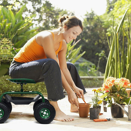 Rolling seat with wheels &amp; Extendable handle &amp; Basket 360° rotating garden cart garden seat 96.5 x 48.5 x 45.5-54.5 cm