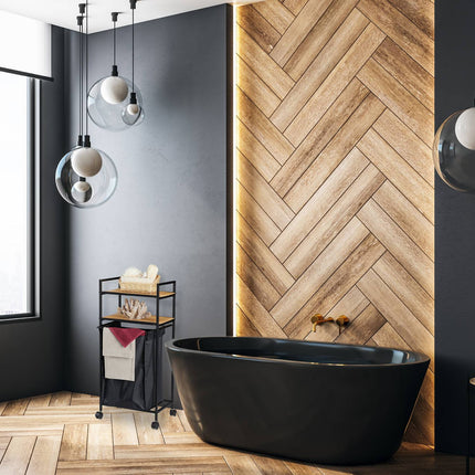 Rolling shelf for bathroom with laundry bag