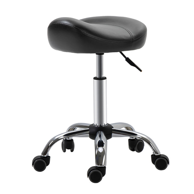 Adjustable rolling stool with wheels, black artificial leather