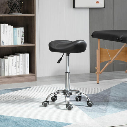 Adjustable rolling stool with wheels, black artificial leather