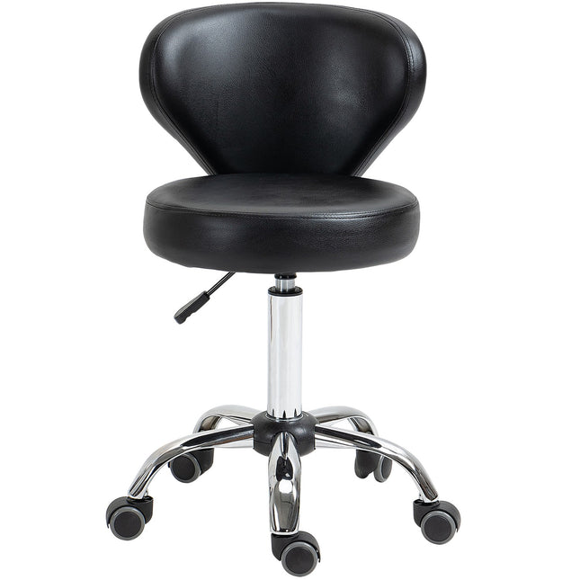Rolkruk massagekruk - draaibare werkkruk 360° - in hoogte verstelbare zitting 49-64H cm, ergonomische rugleuning - verchroomd metaal in zwarte kunstleren bekleding