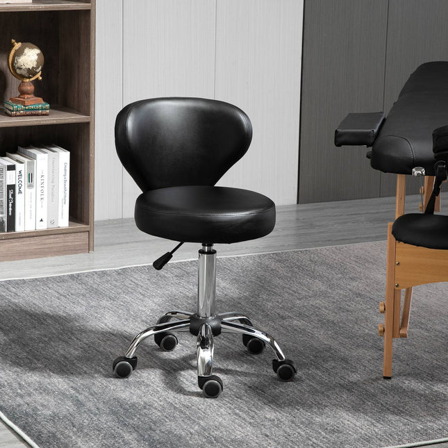 Rolkruk massagekruk - draaibare werkkruk 360° - in hoogte verstelbare zitting 49-64H cm, ergonomische rugleuning - verchroomd metaal in zwarte kunstleren bekleding