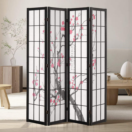 Room Divider 4-Panel, Japanese Folding Privacy Screen, Cherry Blossom