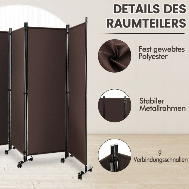 Room Divider with 4 Panels on Wheels 173 cm Tall Rollable Privacy Screen Brown