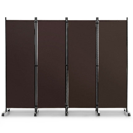 Room Divider with 4 Panels on Wheels 173 cm Tall Rollable Privacy Screen Brown