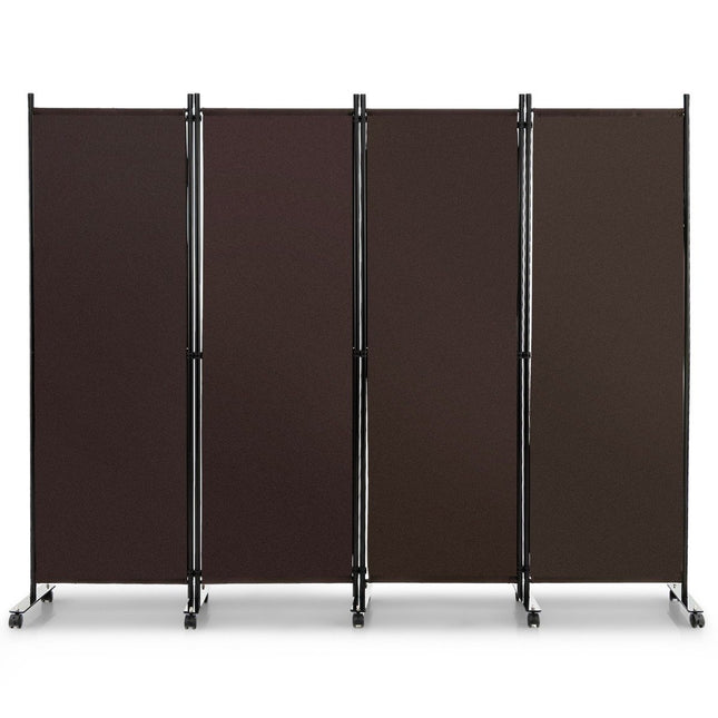 Room Divider with 4 Panels on Wheels 173 cm Tall Rollable Privacy Screen Brown