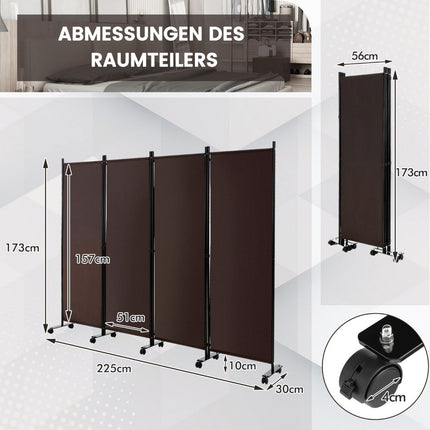 Room Divider with 4 Panels on Wheels 173 cm Tall Rollable Privacy Screen Brown