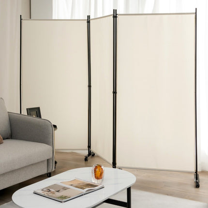 Room Divider with Wheels, 3 Panels, Foldable, Beige, 180 cm
