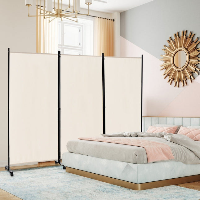 Room Divider with Wheels, 3 Panels, Foldable, Beige, 180 cm