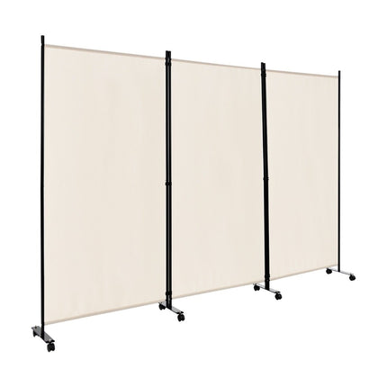 Room Divider with Wheels, 3 Panels, Foldable, Beige, 180 cm