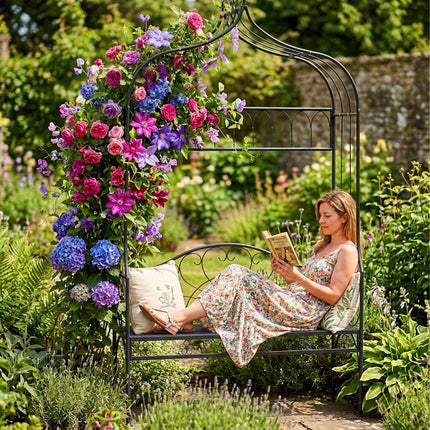 Rose Arch With Bench – Black Metal Garden Trellis