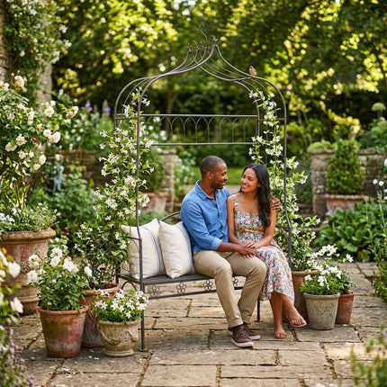 Rose Arch With Bench – Black Metal Garden Trellis