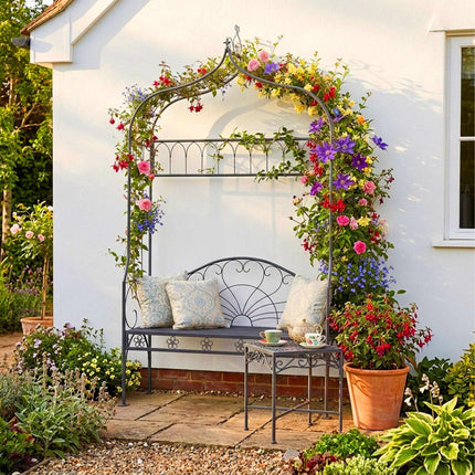 Rose Arch With Bench – Black Metal Garden Trellis