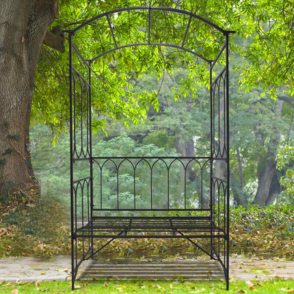 Black Metal Rose Arch Bench - Garden Trellis, 115x50x203 cm