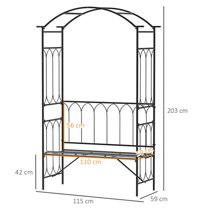 Black Metal Rose Arch Bench - Garden Trellis, 115x50x203 cm