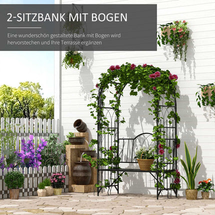 Metal garden arch with bench - Black, 121 x 50 x 203 cm