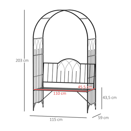 Metal garden arch with bench - Black, 121 x 50 x 203 cm