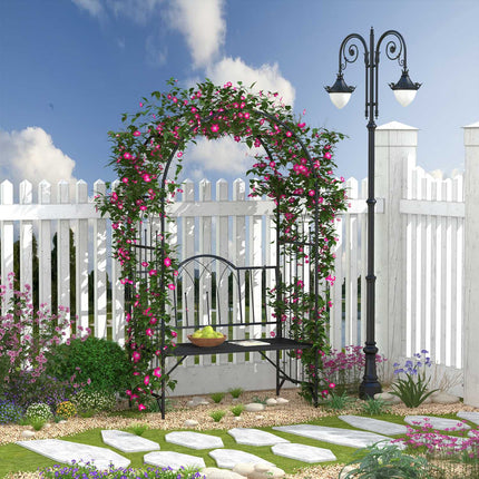 Metal garden arch with bench - Black, 121 x 50 x 203 cm
