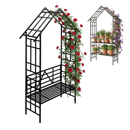 Rose Arch With Bench Shelf, Metal 2-in-1 Trellis