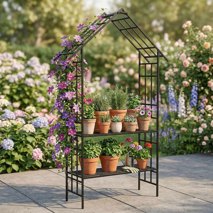 Rose Arch With Bench Shelf, Metal 2-in-1 Trellis