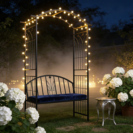 Rose Trellis Arch With Bench, Black Metal Garden Arbor