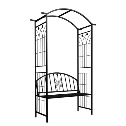 Rose Trellis Arch With Bench, Black Metal Garden Arbor