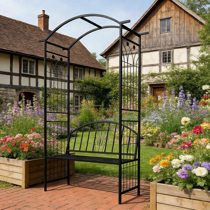 Rose Trellis Arch With Bench, Black Metal Garden Arbor