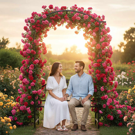 Rose Trellis Arch With Bench, Black Metal Garden Arbor
