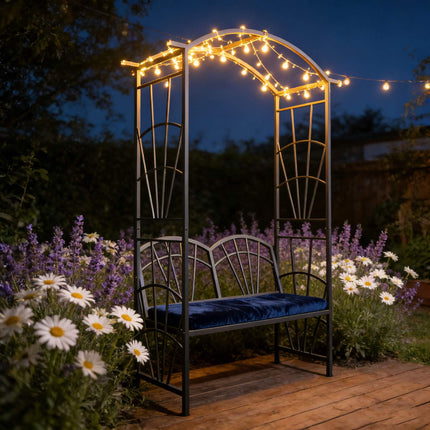Rose Trellis Bench – Black Metal Arch for Climbers