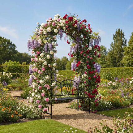 Rose Trellis Bench – Black Metal Arch for Climbers