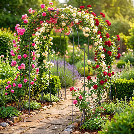 Rose Trellis Garden Arch, Black Metal, 3-Arch Design
