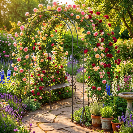 Rose Trellis Garden Arch, Black Metal, 3-Arch Design