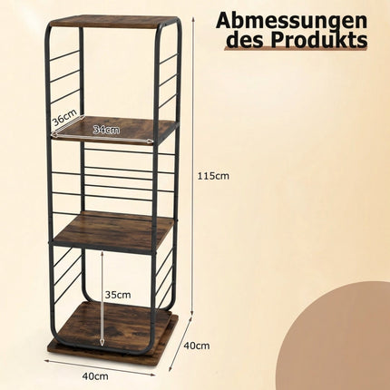Rotating 4-Tier Bookshelf, 360 Metal Frame, Rustic Brown