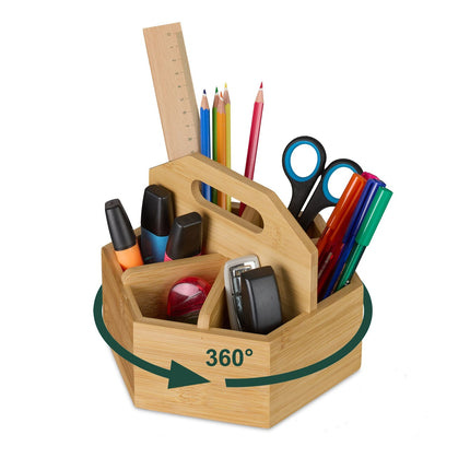 Rotating Bamboo Pen Holder with 6 Compartments