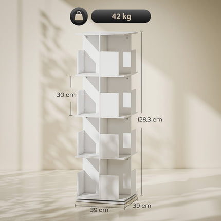 Rotating Bookshelf, 4 Tiers, 16 Compartments, White MDF
