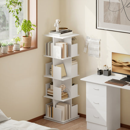 Rotating Bookshelf, 4 Tiers, 16 Compartments, White MDF