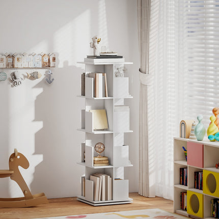 Rotating Bookshelf, 4 Tiers, 16 Compartments, White MDF