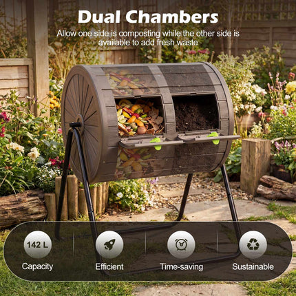 Rotating Compost Tumbler, 142L Dual Chamber, Lockable Doors