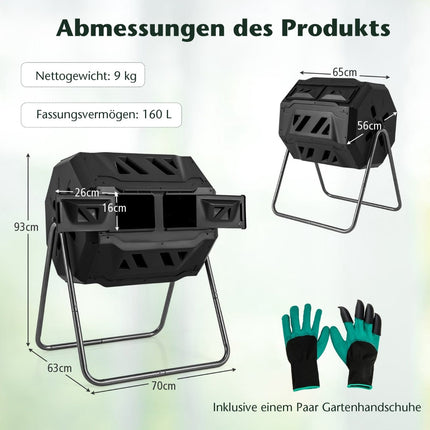 Rotating Dual Chamber Compost Bin, 160L, Black