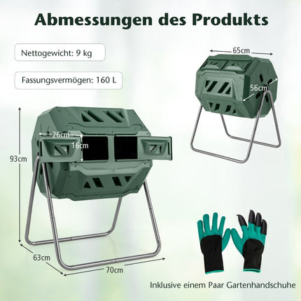 Rotating Dual-Chamber Compost Tumbler, 160L Capacity