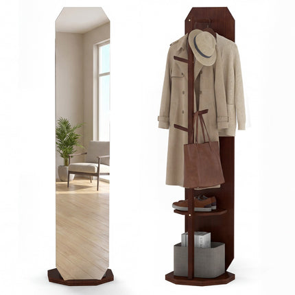 Rotating Full-Length Mirror Stand with Hooks and Shelf