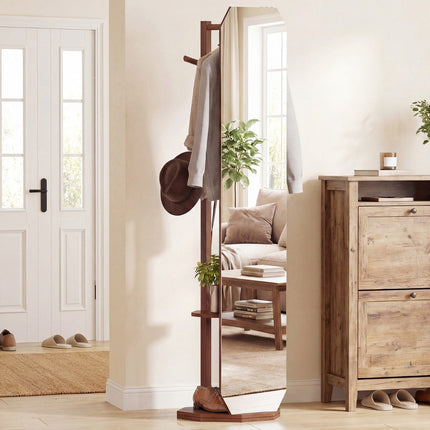 Rotating Full-Length Mirror Stand with Hooks and Shelf