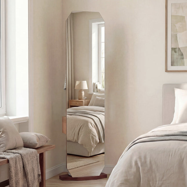 Rotating Full-Length Mirror Stand with Hooks and Shelf