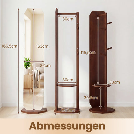 Rotating Full-Length Mirror Stand with Hooks and Shelf
