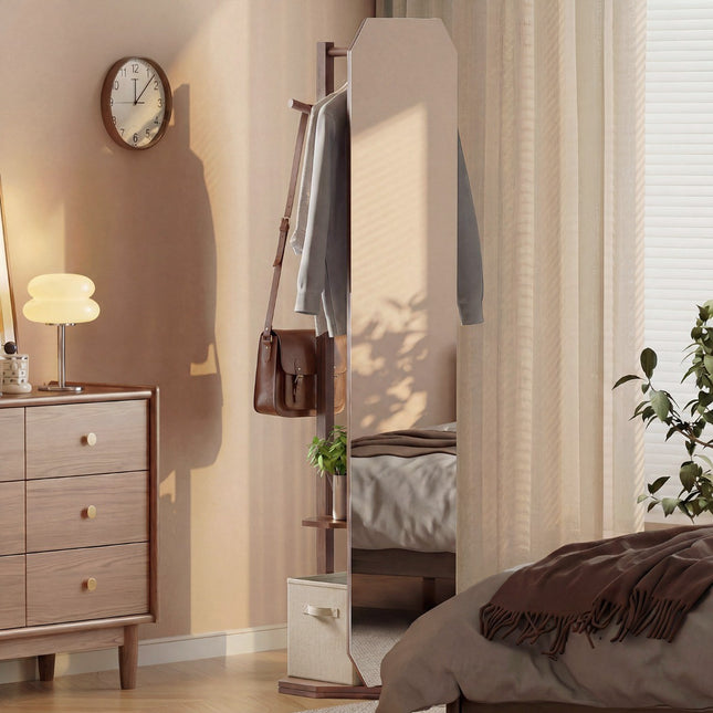 Rotating Full-Length Mirror Stand with Hooks and Shelf