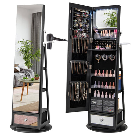 Rotating Jewelry Armoire with Mirror, Lockable, Black
