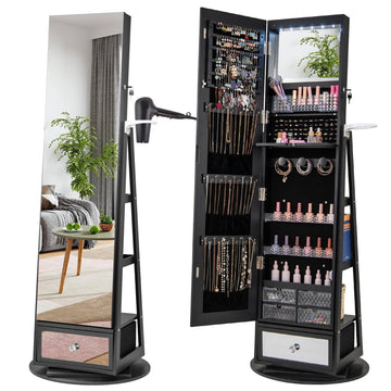 Rotating Jewelry Armoire with Mirror, Lockable, Black