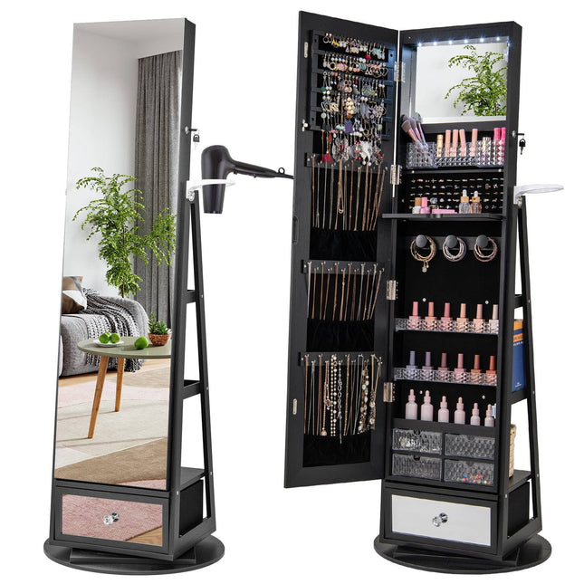 Rotating Jewelry Armoire with Mirror, Lockable, Black