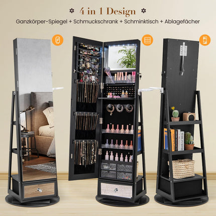 Rotating Jewelry Armoire with Mirror, Lockable, Black